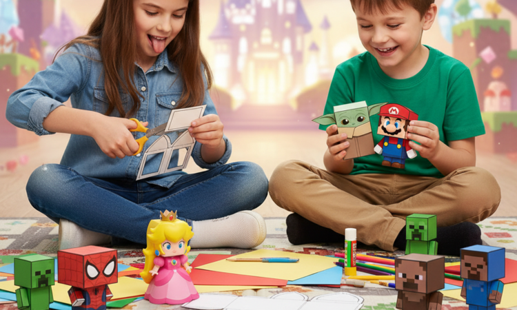 Crianças se divertindo montando personagens 3D